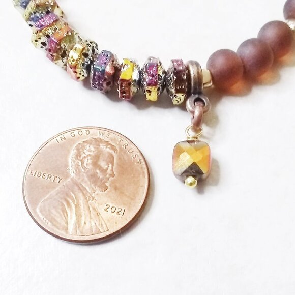 Brown & Gold Hues! Slim Bracelet! Recycled Glass + Electroplated Lava Beads - Picture 1 of 8